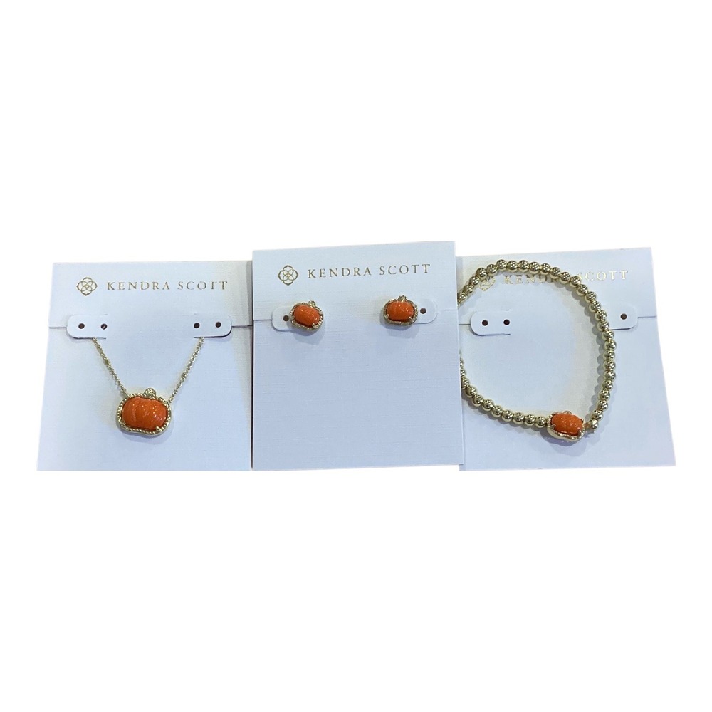 Kendra Scott Pumpkin Necklace Earrings Bracelet Jewelry Set Orange Gold Tone
